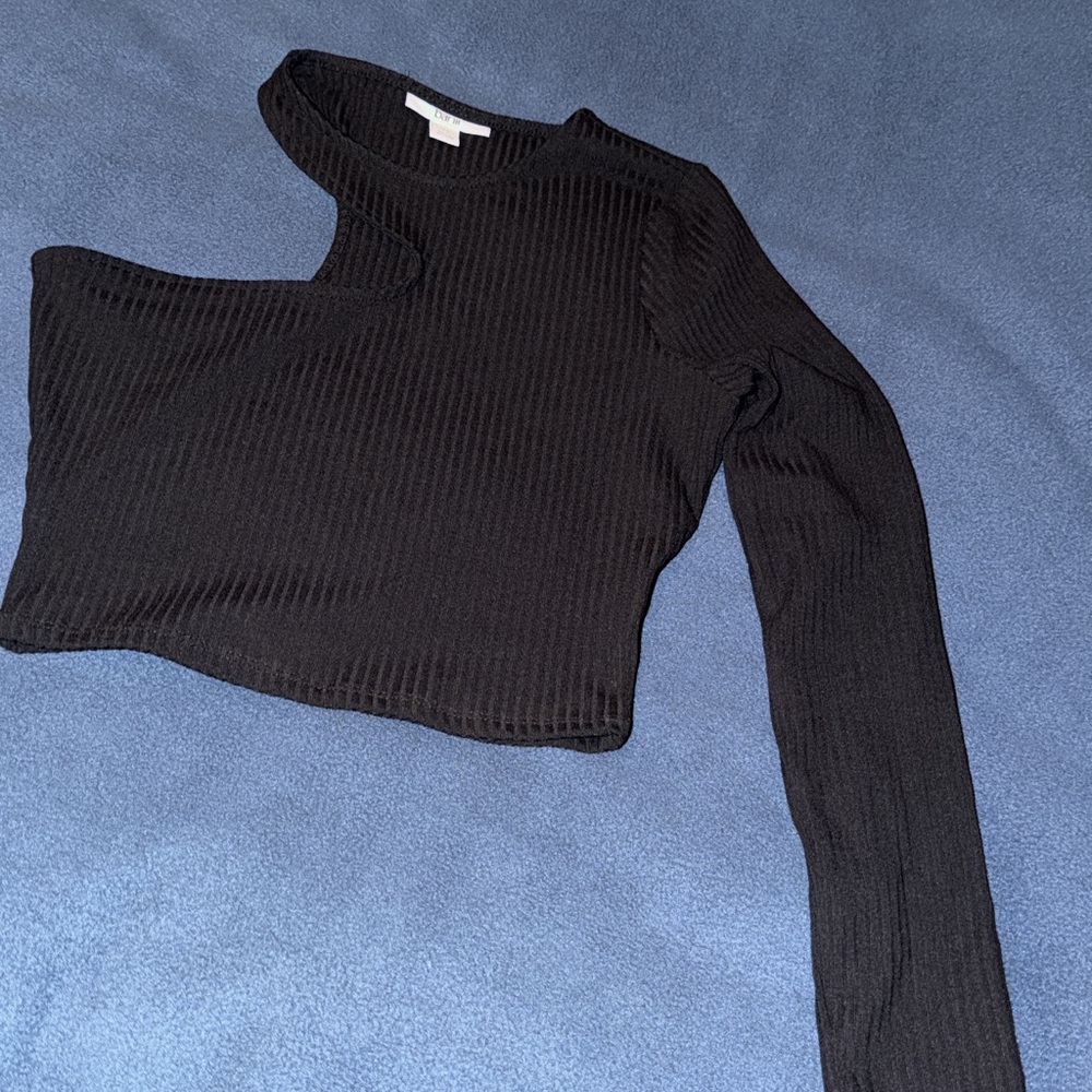 Bar III Black Ribbed One-Shoulder Long Sleeve Top